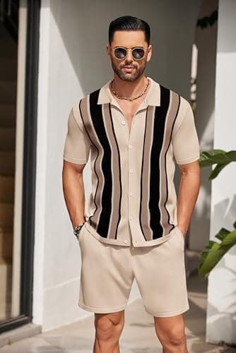 COOFANDY Men's 2 Piece Outfit Vintage Short Sleeve Knit Shirts Sets Striped Polo Shirt Casual Beach Shorts Suit - Image 4