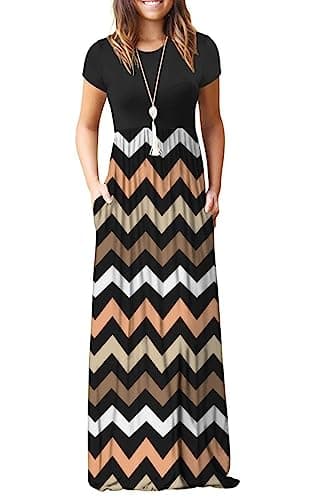 MISFAY Women Short Sleeve Loose Plain Maxi Dresses Casual Long Dresses Pockets(Striped Black,L) - Image 1