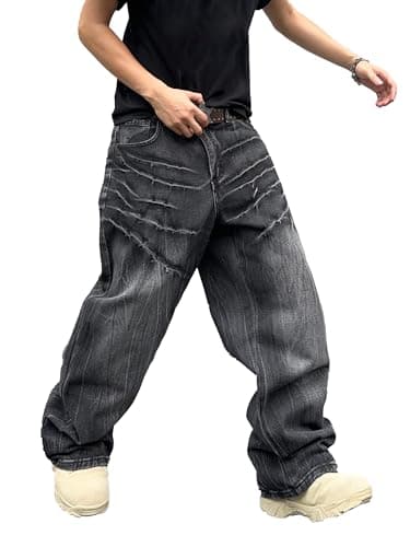 DFGIGT Mens Baggy Jeans Patchwork Y2k Hip Hop Wide Leg Denim Pants Casual Loose Fit Trousers Streetwear 2000s Jinco Oversized Extreme Motion Relaxed Skater Skateboard,A10 Black,Large - Image 1