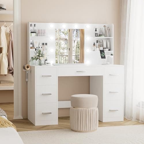 YESHOMY Vanity Desk with Mirror, Power Outlet and 10 Lights, Makeup Table with 7 Drawers, 3 Color Modes Available for Bedroom, Pure White - Image 1