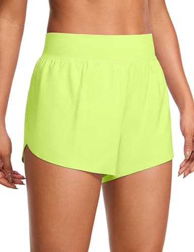 CRZ YOGA High Waisted Dolphin Athletic Running Shorts for Women 3" High Split Comfy Mesh Liner for Gym Workout Track Neon Yellow Large - Image 1