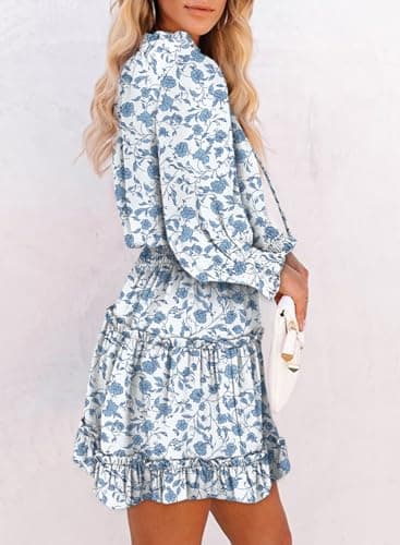 Dokotoo Sun Dresses for Women 2025 Vacation Deep V Neck Ruffle Tiered Chiffon Smocked Long Sleeve Elegant Boho Hawaiian Floral Dress Party Casual Beach Mini Short Fall Dresses Sundresses Large - Image 2