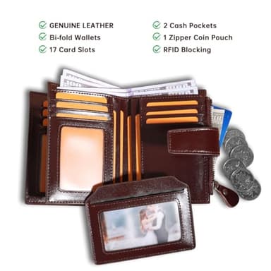 Ciephia Men's Genuine Leather Wallets with Zipper Coin Pocket, RFID Blocking Short Vintage Bifold Wallet Large Capacity Multi Credit Card Slots ID Windows Gifts for Him - Image 2