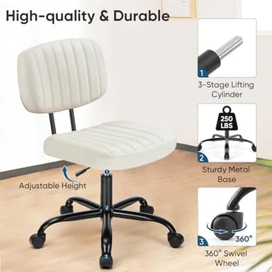 DUMOS Armless Home Office Desk Chair -Small Ergonomic with Low Back Lumbar Support, Height Adjustable PU Leather Computer Task with 360° Swivel Rolling Wheels, for Small Space, Beige White - Image 5