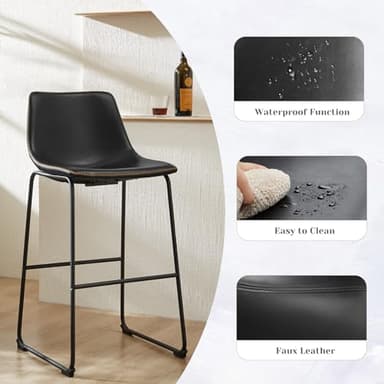Sweetcrispy Counter Height Bar Stools Set of 2, 30 inch Height Stool Faux Leather Barstools with Back, Armless Kitchen Island Countertop Comfortable Modern Chairs with Metal Legs - Classic Black - Image 4
