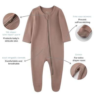 O2 BABY Baby Boys Girls Organic Cotton Zip Front Sleeper Pajamas, Footed Sleep 'n Play（6-12 Months, Brown） - Image 3
