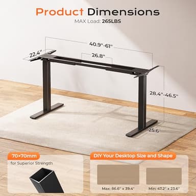 Huuger Dual Motor Electric Standing Desk Frame, Sit Stand up Desk Leg for 47.2” to 86.6” Desktop, Computer Desk Leg with Cable Tray, 3 Memory Height Presets, 2 Hooks, Black Frame Only - Image 2