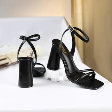 RIBONGZ Black Block Heeled Sandals for Women Chunky Prom Heels Square Open Toe Strappy High Heels Ankle Strap Wedding Bridal Shoes High Heel Sandals for Party Dress 7.5 - Image 4