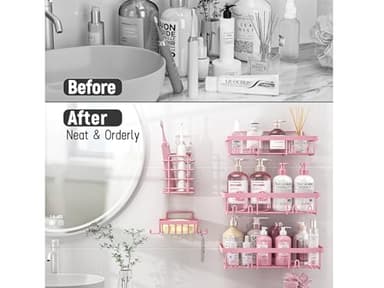 Liuoud 5 Pack Shower Caddy Organizer Rack Shelf for Inside Shower, Adhesive Bathroom Wall Storage Basket Rustproof Stainless Steel Shampoo Holder, Girly Bathroom Accessory Decor Set, Pink - Image 6