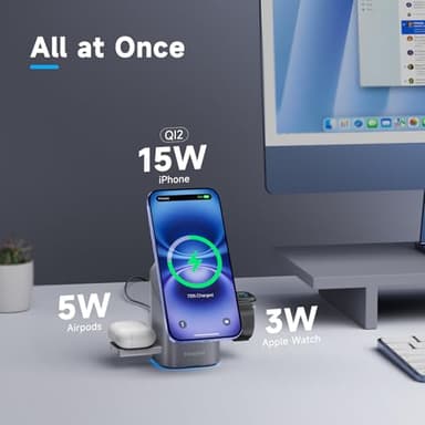 EnergyCell Rotating Wireless Charger, Qi2 Certified 2X Faster 15W for iPhone Charging Station 16/15/14/13/12, Apple Watch, AirPods, 3 in 1 Charging Station Apple Magnetic with Heat Dissipation, Grey - Image 4