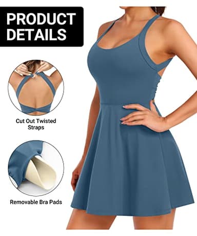 Women Tennis Golf Dress with Built-in Shorts and Bra-Workout Athletic Activewear for Exercise Blue - Image 3