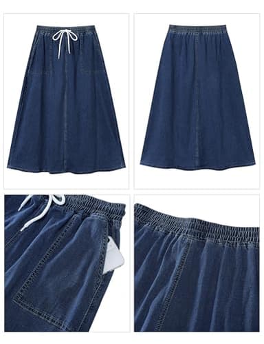 luvamia Denim Skirts for Women Trendy A Line Long Maxi Pull On Elastic Waist Drawstring Stretchy Jean Skirt with Pockets Western Skirt Dark Blue Size X-Large Fits Size 16-18 - Image 5