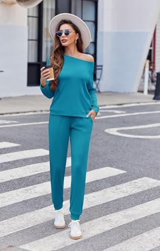 Ekouaer Womens Ribbed Knit Pajama Sets 2 Piece Jogger Pjs Long Sleeve Sleepwear Round Neck Soft Lounge Sets with Pockets Lake Blue Medium - Image 4