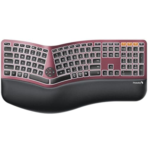 ProtoArc Backlit Bluetooth Ergonomic Keyboard, EK01 Plus Full Size Wireless Split Keyboard with Dual Bluetooth and USB, Cushioned Wrist Rest, Rechargeable, Compatible with Windows/Mac, Wine Red - Image 1