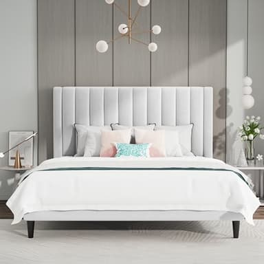 SHA CERLIN Queen Bed Frame/Velvet Upholstered Platform Bed Frame with Headboard/Strong Wood Slats Support/Mattress Foundation/No Box Spring Needed/Easy Assembly/White - Image 3