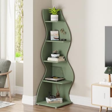 Tribesigns Corner Shelf, Modern 5-Tier Wall Corner Bookshelf, Stylish Corner Small Bookcase Storage Rack Plant Stand with Unique Shape for Living Room, Home Office (Sage Green, 1PC) - Image 5