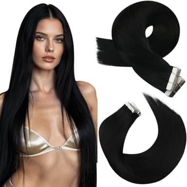 Moresoo Black Tape in Hair Extensions Human Hair Seamless Hair Extensions Tape in Jet Black Extensions Human Hair Glue in Real Hair Glue in Human Hair 22 Inch #1 20pcs 50g - Image 1