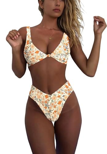 Women's OldLace Floral Bikini Swimsuit Cheeky V Cut High Waisted 2 Piece Bathing Suit M - Image 1