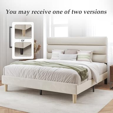 Acurax Queen Size Bed Frame with Velvet Upholstered Headboard, Beige Platform Bed Frame with Metal Support, Upholstered Mattress Foundation, No Box Spring Needed, Noise Free, Easy Assembly, White - Image 9