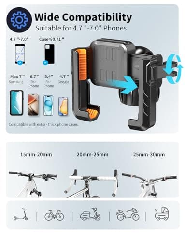 Motorcycle Phone Mount, [No Block Camera] Bike Phone Holder Mount, [Silicone Wrapped] Handlebar Cell Phone Mount for Bike/Scooter/ATV, Fits iPhone 17/16/15/14/13 Pro Max & 4.7"-7" Phones, Black - Image 6