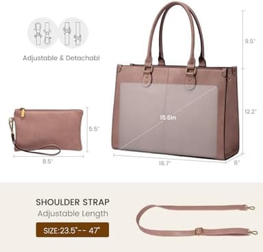 LOVEVOOK Laptop Tote Bag for Women, 15.6 Inch Large Capacity Vintage Leather Work Computer Bag, Business Casual Shoulder Handbag, Lotus Pink - Image 4