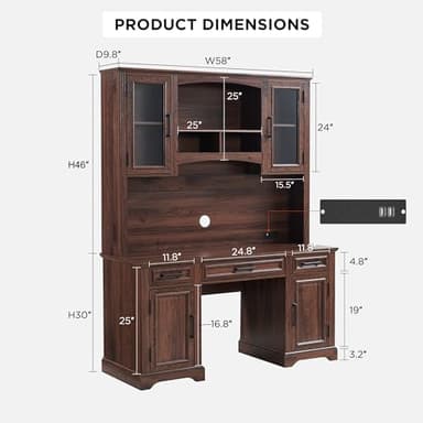 JXQTLINGMU Farmhouse 76" Height Computer Desk with Hutch, Office Desk with Charging Station, Drawers and Storage Cabinet, Workstation for Office Home, Brown - Image 2