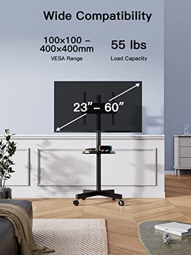 PERLESMITH Rolling TV Stand on Wheels for 23-60 Inch Flat Curved Screen TVs, Mobile TV Cart Height - Adjustable with Shelf/Tray, Portable TV Stand Holds up to 55 lbs, Max VESA 400x400mm, PSTVMC04 - Image 7