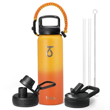 Trebo 40oz Water Bottle with 3 Lid and handle, Vacuum Insulated Stainless Steel Metal Outdoor Leakproof BPA-Free Flask, Keep Cold 48 Hours Water Jug, Best Gift for Men Women Holiday, Orange - Image 1
