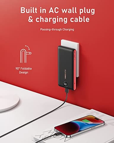 VEEKTOMX Portable Charger with Built in Cables 10000mAh, Power Bank for iPhone with AC Wall Plug, Fast Charging USB C Slim Battery Pack with LED Display Compatible with iPhone15/14/13, Samsung - Image 3