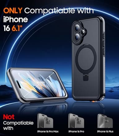 Temdan Magnetic for iPhone 16 Case Waterproof, [Built-in Ring Invisible Stand & Screen Protector][IP68 Underwater][Dropproof][Dustproof][Real 360] Shockproof Protective Phone Case 6.1''-Grey - Image 2
