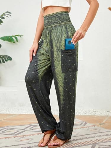 QIANXIZHAN Women's Harem Pants, High Waist Yoga Boho Trousers with Pockets Army Green XL - Image 6