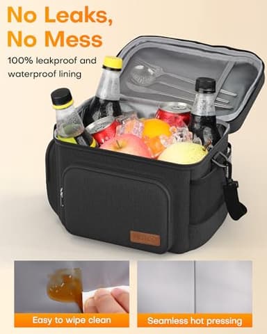 HOTOR Lunch Box for Men and Women - Leak-Proof Insulated Lunch Cooler Bag with Adjustable Strap, Multiple Pockets for Office, Picnic, Hiking, Beach, 1 Layer, 8L, Black, 9.8" x 8.7" x 5.9" - Image 4