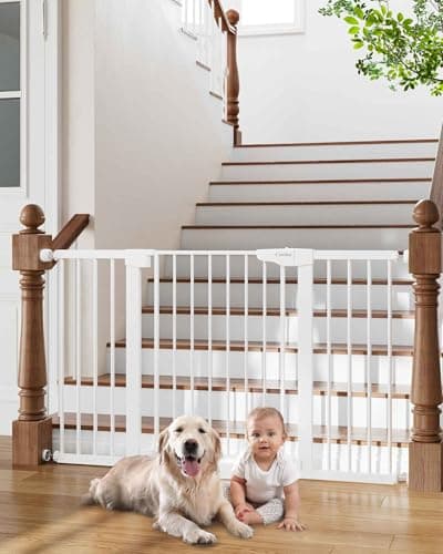Cumbor 29.7-54.2" Wide Baby Gate for Stairs, Mom's Choice Awards Winner-Self Closing Dog Gate Indoor for Doorways, No Drilling Pressure Mounted Pet Gates for Kids, Easy Walk Through Safety Gate, White - Image 1