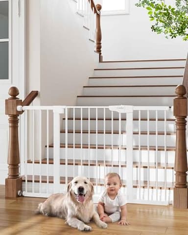 Cumbor 29.7-54.2" Wide Baby Gate for Stairs, Mom's Choice Awards Winner-Self Closing Dog Gate Indoor for Doorways, No Drilling Pressure Mounted Pet Gates for Kids, Easy Walk Through Safety Gate, White - Image 1