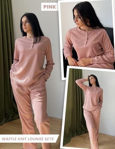 Ekouaer Waffle Knit Pajamas for Women Set Long Sleeve Pants Pj Henley Tops Lounge Sets Comfy Sleepwear with Pockets Mauve M - Image 2