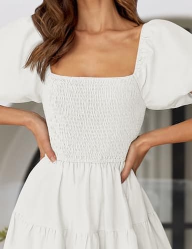 ZESICA Women's 2025 Summer Square Neck Short Puff Sleeve Solid Color High Waist Casual Smocked Flowy A Line Tiered Midi Dress,White,XX-Large - Image 5