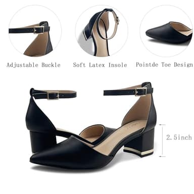 Women's Pointed Toe Low Chunky Heels Pump Shoes, Comfortable Heels for Women, Chunky Ankle Strap Dress Pumps Shoes for Wedding Office Party (Black PU, Adult, Women, 8, Numeric, US Footwear Size System, Medium) - Image 6