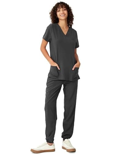 floralhue Scrubs for Women, V-Neck Scrubs Top & Cargo Pants, Scrubs Set with 10 Pockets, Yoga Waistband, 4 Way Stretch, Dark Grey, S - Image 1