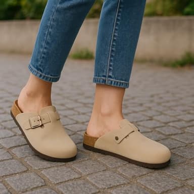 CUSHIONAIRE Hana Womens Clogs | Comfortable Vegan Suede Clogs for Women | Slip On Potato Shoes with Cork Footbed & Arch Support| STONE 8 - Image 4