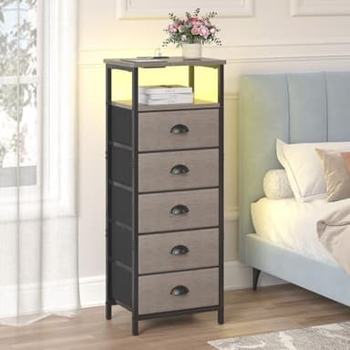 sthmec Nightstand with Charging Station,LED Grey Nightstand with 5 Fabric Drawers, Bedside End Tables, 2-Tier Open Storage Shelf Side Table Nightstand with Drawers for Bedroom, Grey - Image 2
