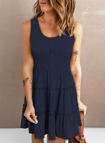 Dokotoo Resort Wear for Women 2025 Sun Vacation Dresses Summer Sleeveless Button Down Smocked Waist Ruffle Tiered Casual Swing Mini Dress for Women Beach Party Cover up Dress Sundresses Blue Medium - Image 5