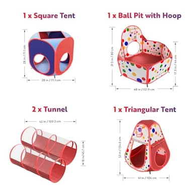 Playz 5-Piece Kids Play Tents Crawl Tunnels and Ball Pit Popup Bounce Playhouse Tent with Basketball Hoop for Indoor and Outdoor Use with Red Carrying Case - Image 3