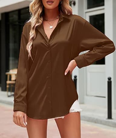 WARHORSEE Womens Button Down Shirt Long Sleeve Work Dress Shirts Wrinkle Free Satin Blouses Business Casual Tops Dressy,Brown,XXL - Image 2