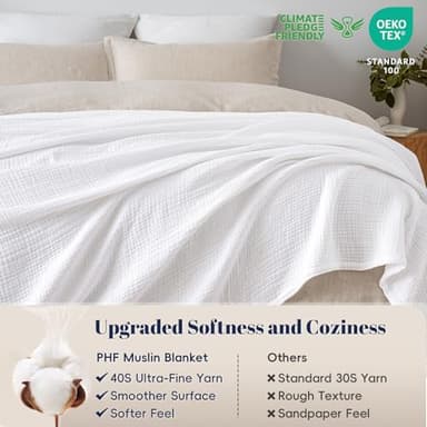 PHF 100% Cotton Muslin Blanket King Size 108"x90", 4-Layer Lightweight Gauze Throw, Breathable Cloud-Soft Minimalist Blanket for Bed, Couch, Camping & Baby, White, Ideal Gift - Image 5