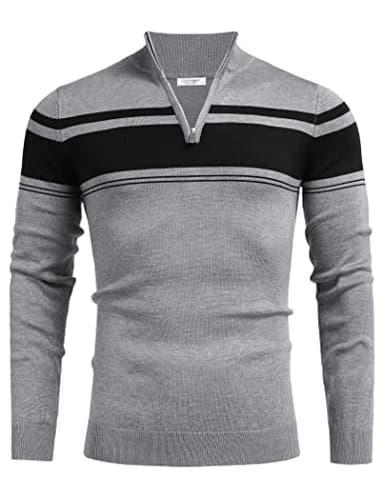 COOFANDY Men's Quarter Zip Up Sweaters Slim Fit Lightweight Mock Neck Pullover Casual Polo Sweatshirts,Black & Heather Grey,XXX-Large - Image 6