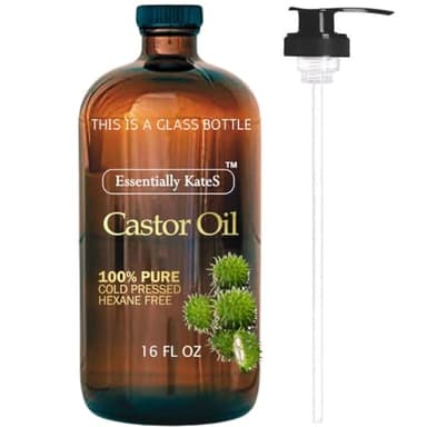 Essentially KateS Castor Oil 16 Fl Oz (Glass Bottle) - Original - A Huge Glass Bottle with a Pump - 100% Pure and Natural, Cold Pressed, and Hexane-Free - Hair and Body - Image 1