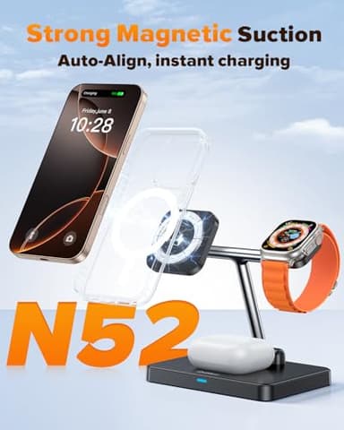 DUMTERR 3 in 1 Foldable Wireless Charging Station for Mag-Safe Charger for iPhone 16/15/14/13/12,for Apple Watch Series & AirPods - Wireless Charger Stand with N52 Strong Magnetic & Safety Protections - Image 2