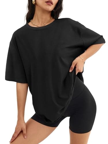 ATHMILE Womens Summer Spring Oversized T Shirts Loose Fit Crewneck Short Sleeve Tops Casual Blouse Y2K 2025 Basic Tee Beach Black - Image 1