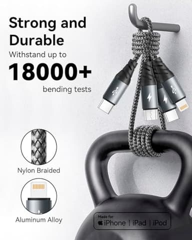 USB C Multi Charging Cable 3A,[3Pack 4FT] 3 in 1 Charging Cable Nylon Braided Multiple Phone Charger Cord Fast iPhone Charging Cord with Type-C,Micro USB,IP Port for iPhone16/15/14/Android and More - Image 7