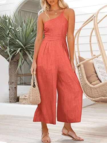 ANRABESS Women's Summer Straps One Shoulder High Waist Dressy Casual Wide Leg Linen Jumpsuit Romper Beach Travel Outfits Peach Medium - Image 4